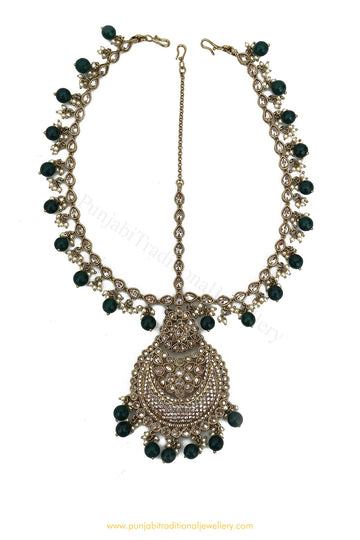 Antique Gold Finished Emerald Champagne Stone Matha Patti By PTJ Exclusive